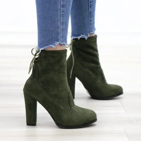 Ankle Heeled Boots High Block Heel Round Toe Olive Green Faux Suede High Shaft - Picture 5 of 15